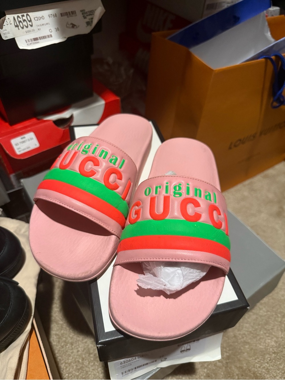 Gucci Pink 'Original' Slide Sandals with Green & Red Stripe